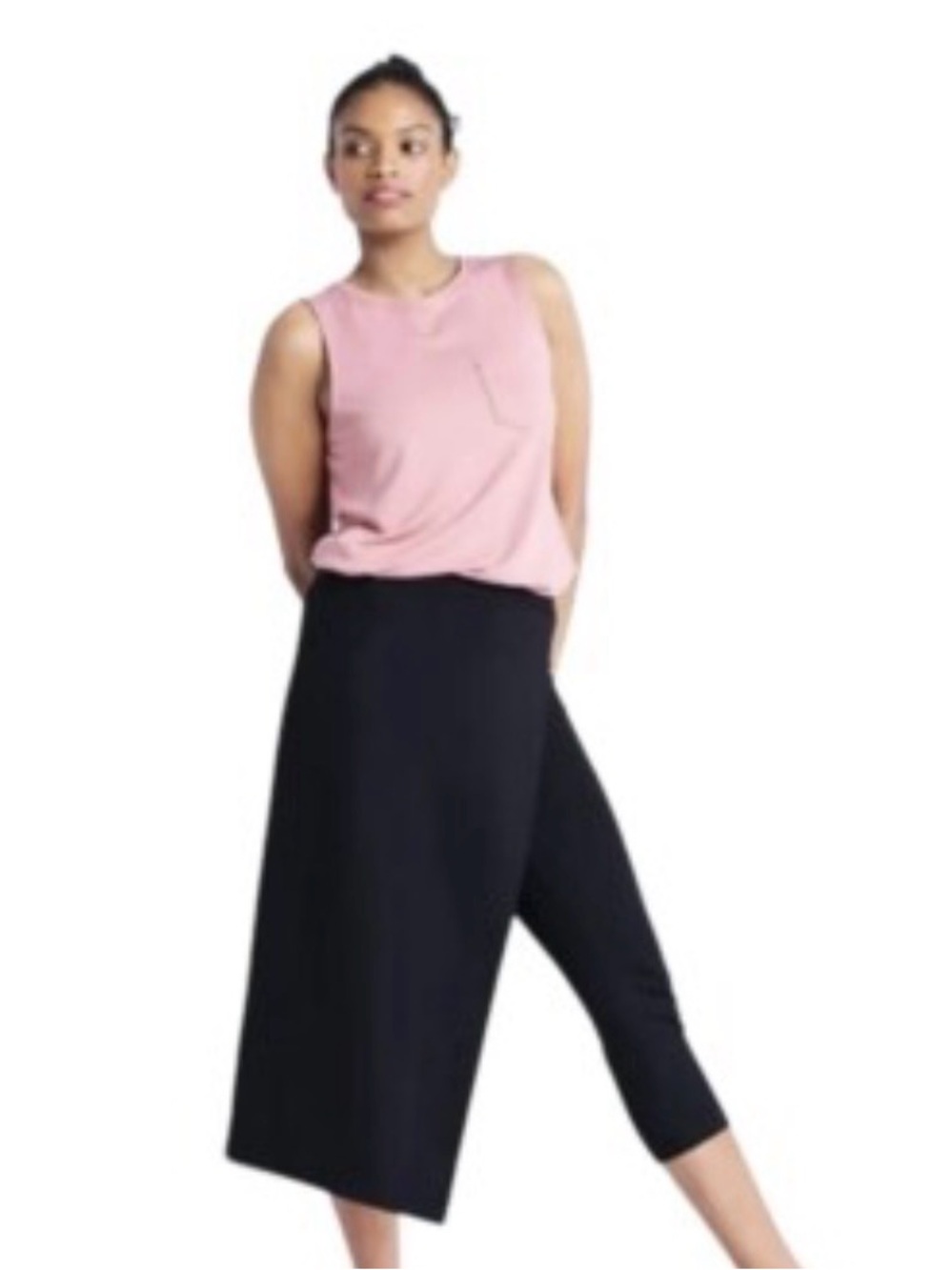 Betabrand Black Cropped Capris with wrap skirt overlay